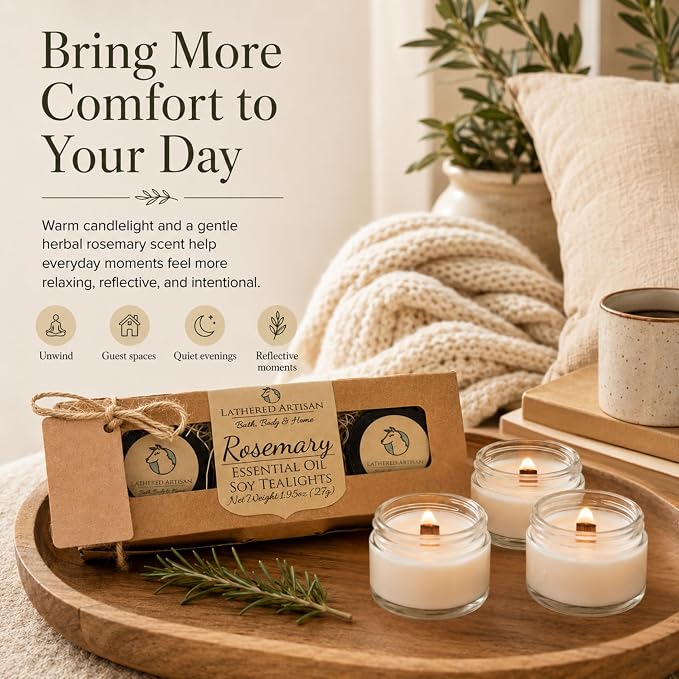 Rosemary Essential Oil Scented Tealight Candle Gift Set of 3 Handcrafted Natural Soy Candles Wooden Wick Dried Flowers Remembrance Home Office Aromatherapy Jar Tea Lights with Lids by Lathered Artisan