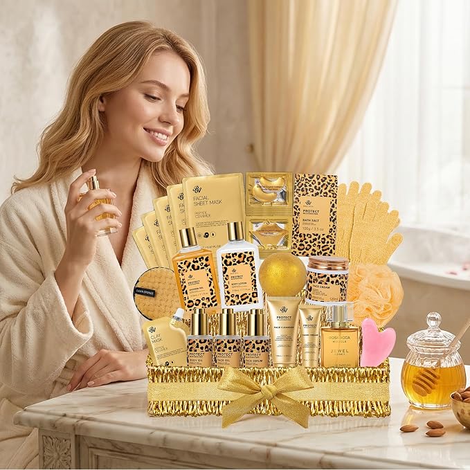Gifts for Women, Gifts Basket for Women, 32 Pcs Honey & Almond Bath & Body Gift Basket, Hydrating Face Skin Care Gift Set, Self-Care Home Spa Basket Gift Set, Birthday, Christmas, Anniversary