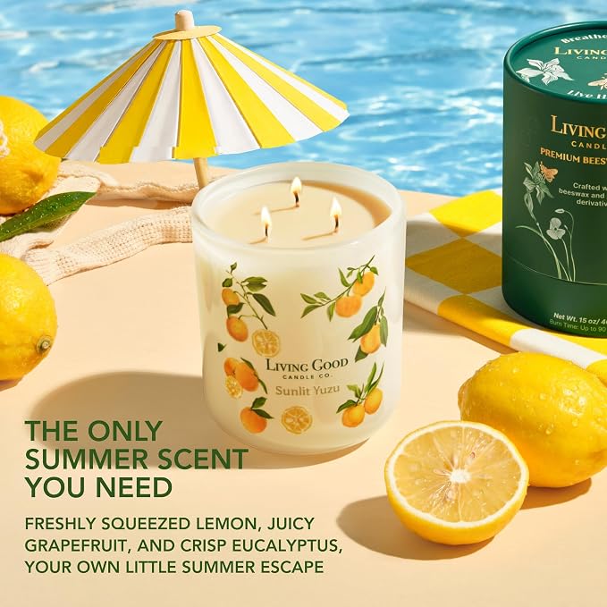Sunlit Yuzu Pure Beeswax Candle – Bright Summer Citrus, Lemon & Grapefruit Essential Oils, Non-Toxic Clean Burn, 90+ Hour Burn Time, Uplifting Aromatherapy Gift for Women & Men
