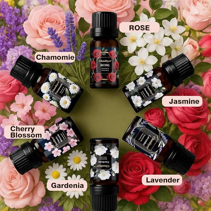 Floral Essential Oils Set 6x10ml-Gardenia,Jasmine,Rose,Chamomile,Cherry Blossom,Lavender-Pure Fragrance Oils for Diffuser,Aromatherapy and Gift