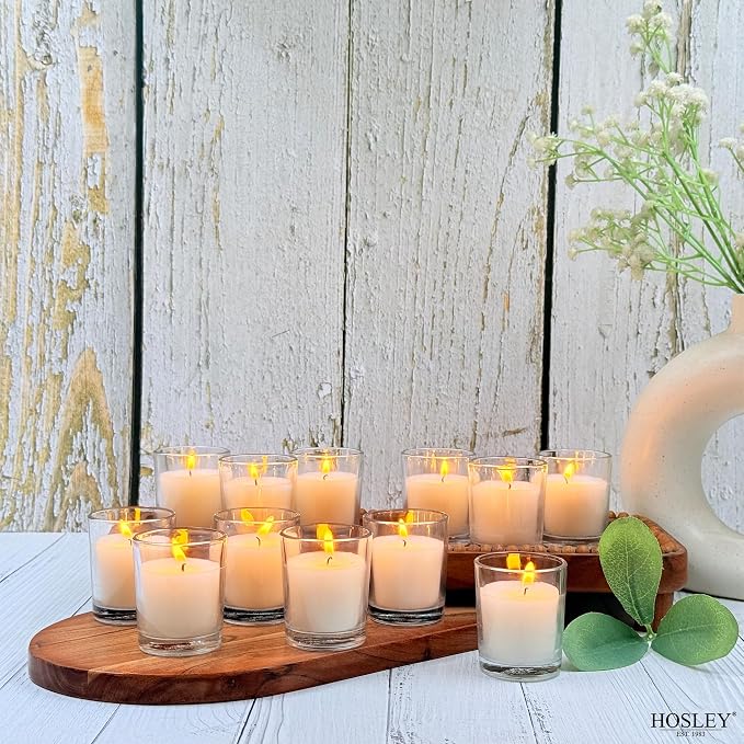 Hosley Set of 12 Ivory Unscented Votive Candles 12 Hour Burn Time Hand-Poured Wax in Clear Glass Holders Long-Lasting, Smokeless Candles for Weddings, Home Décor, Spa & Events.
