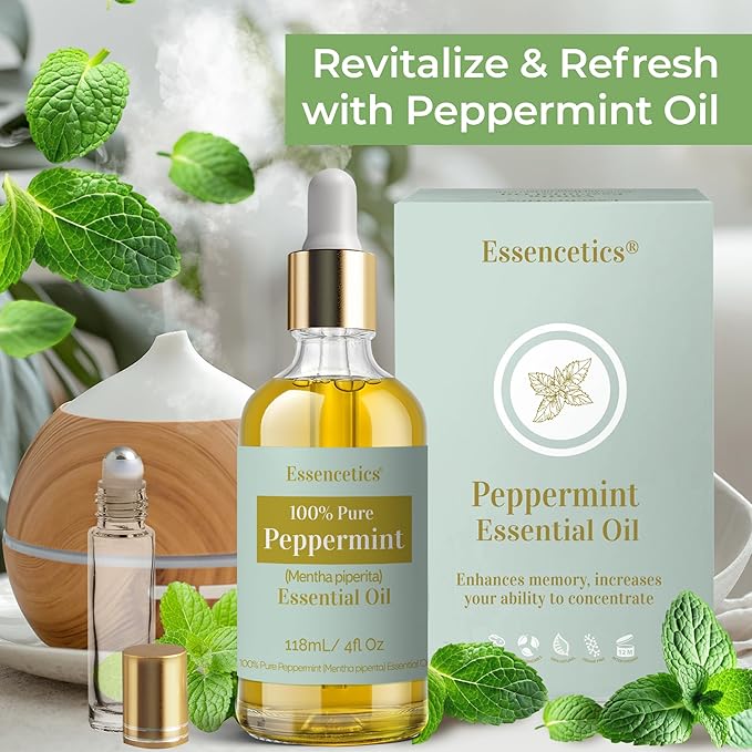 Peppermint Essential Oil 4 oz - 100% Natural- Infused with Olive & Sunflower Oils - Organic Peppermint Oil for Diffuser, Skin, Face & Hair Care