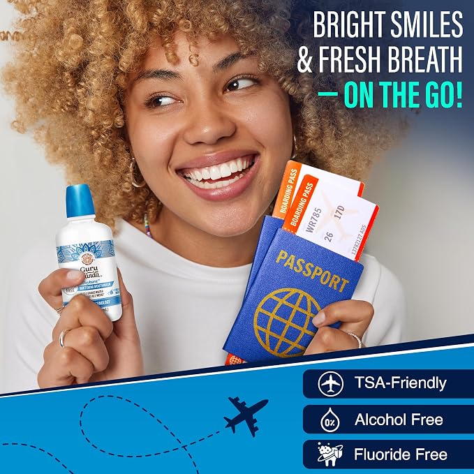 GuruNanda Whitening Mouthwash – Up to 3 Shades Whiter Teeth in 2 Weeks – Alcohol & Fluoride Free Travel Mouthwash with Hydrogen Peroxide – Oxyburst Technology, TSA Friendly, Wild Mint - 3oz, Pack of 2