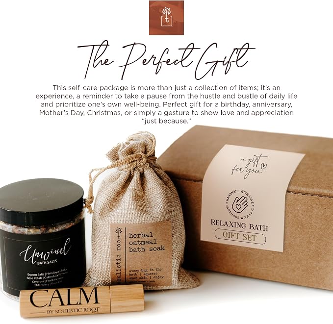 SOULISTIC ROOT Revitalizing Bath Gift - Premium Self-Care Bath & Body Set with Lavender Oatmeal Soak, Tranquil Essential Oil Roller, Epsom Salt Soak, Home Spa Kit, Ready-to-Gift Box