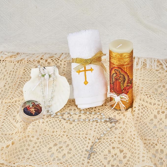 Catholic Baptism Candle Set for Boys and Girls - Includes Virgen de Guadalupe Candle, Towel, Rosary and Shell