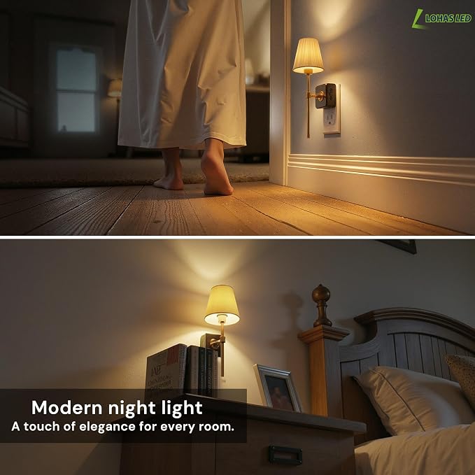 L LOHAS LED Night Lights Plug into Wall, Pleated Fabric Cover Night Light, Dusk to Dawn Sensor Vintage Nightlight, 0-100LM Dimmable, for Bedroom Living Room Hallway