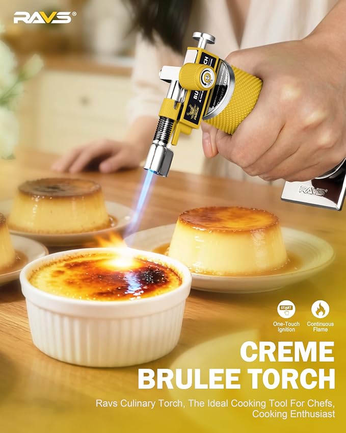 RAVS DUAL Flame Mode Butane Torch Lighter, Refillable Kitchen Torch, Metal Body Blow Torch for Baking with Adjustable Flame & Safety Buckle, Yellow Mini Torch Soldering Torch, Butane Gas Not Included