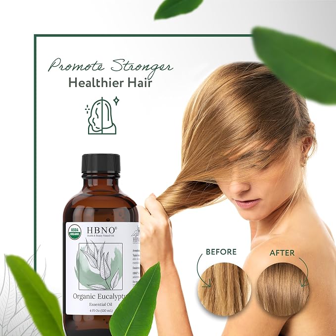 HBNO California Bottled Organic Eucalyptus Essential Oil (Globulus) - 4 fl oz (120ml) - USDA Certified Organic - Ideal for Diffuser, Hair, Face, Skin Care, Aromatherapy, Scalp & Body Massage
