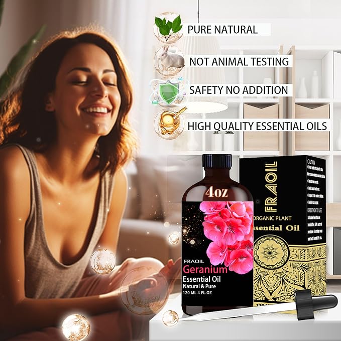 Geranium Essential Oil, Geranium Oil 4 Fl Oz 120ML for Diffuser Humidifier Yoga Cleaning DIY Candle Soap Making Perfume Gift for Women Essential Oils FRAOIL (Geranium 4 Fl Oz (Pack of 1))