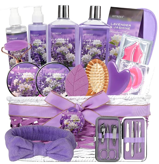 24-Piece Luxury Body Gift Set for Women, Spa Gift Basket Set, Lavender Home Spa Gifts for Women With Face Rollar tool, Bubble Bath, Facial Care, Bomb, Oil, Facial Skin Care gift set for Mother Her