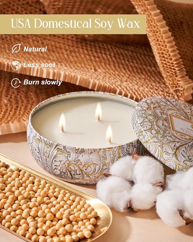 M&SENSE White Tea Scented Candles 12 oz, Large 3 Wick Soy Tin Candle, Over 40 Hour Burning Time, 100% Natural Vegan Wax, Relaxing Aromatherapy Aesthetic Candle Gift for Women Men