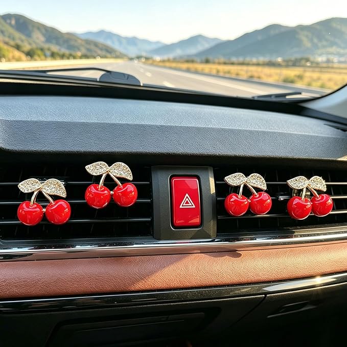 4 Pack Cute Red Cherry Car Air Vent Diffuser with Replaceable Refills, Clip-On Car Air Freshener, Auto AC Vent Decor Accessories, Aromatherapy Ornament Gift for Women