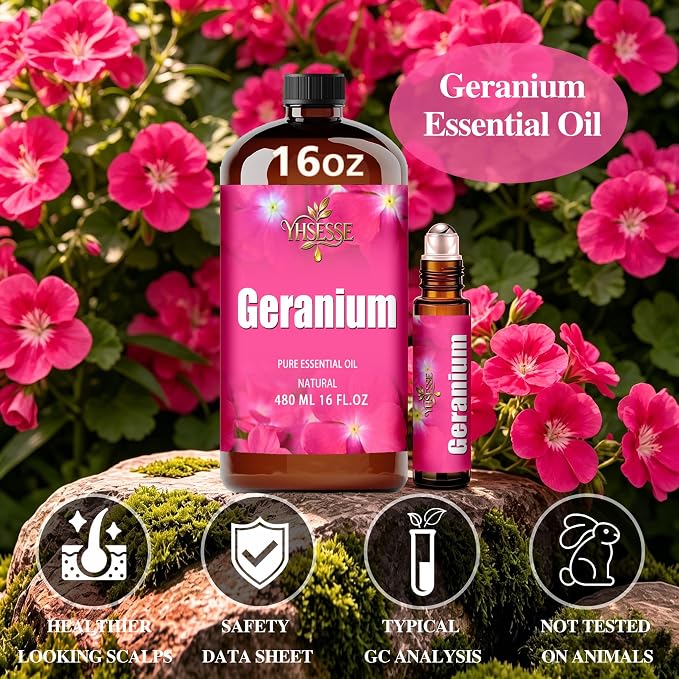 Geranium Essential Oil, Geranium Oil 16 Fl Oz 480ml for Diffuser Yoga Soap & Candle Making – with 0.33 Oz Roller Ball & Funnel YHSESSE Essential Oils