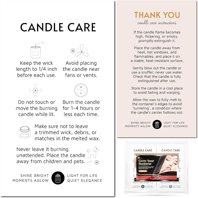 200 pack - Premium Handmade Candle Care Instruction Cards White 2x3.5 in, Small Business | Soy Bees Wax Melt, Candle Makers, Making Supplies Kit Set, Containers, Jars, Pot, Package