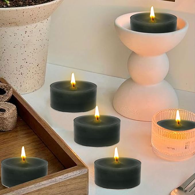Hand-Poured Black Sandalwood Scented Tea Light Candles 4 Hour Clean Burning Smokeless Round Tealight Candle Clear Cups Perfect for Relaxation Meditation Yoga Bath Stress Relief