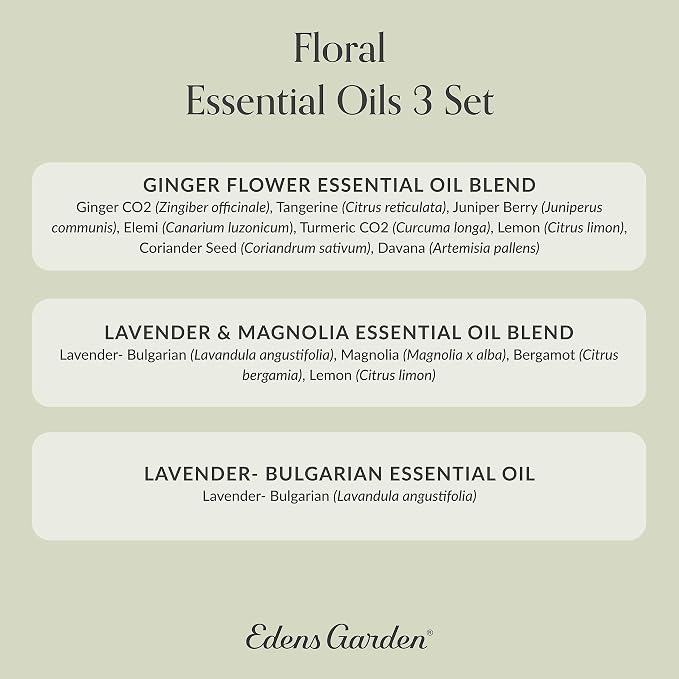Edens Garden Floral Essential Oils 3 Set – 100% Pure Therapeutic Grade Aromatherapy Blends: Ginger Flower, Lavender & Magnolia – No Fragrance Oil, Undiluted for Diffuser & Home Aroma, 10 ml/ 3 Pack