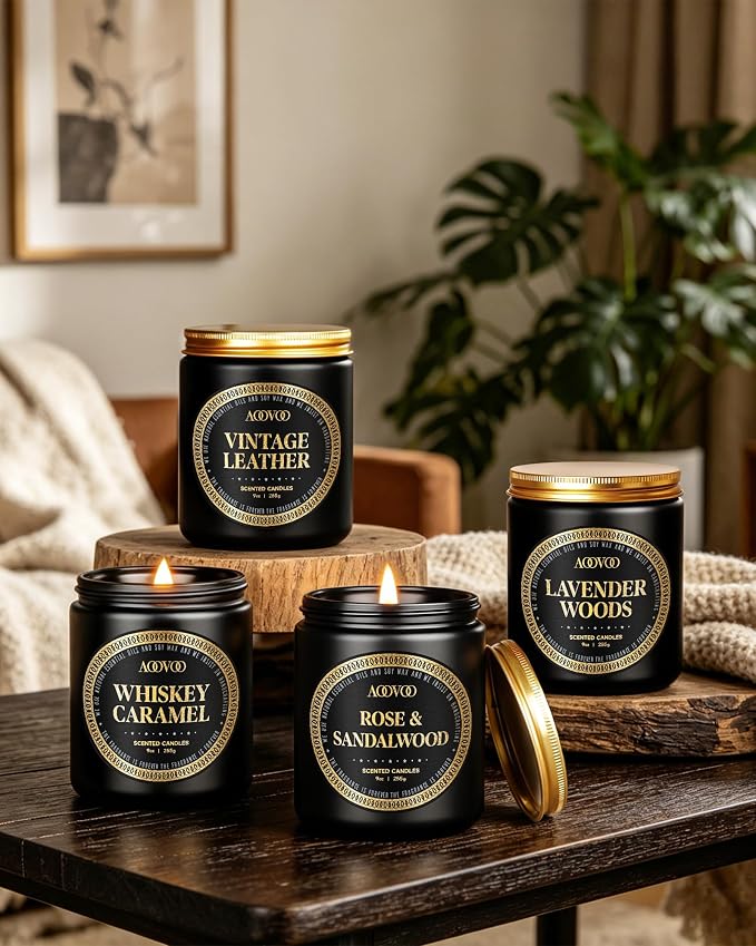 AOOVOO Scented Candles for Men - 4 Pack Candles for Home Scented, 36oz Soy Wax, 200 Hour Burn Time, Men Candle Set, Rose Sandalwood/Whiskey Caramel/Lavender/Leather Candle Set T