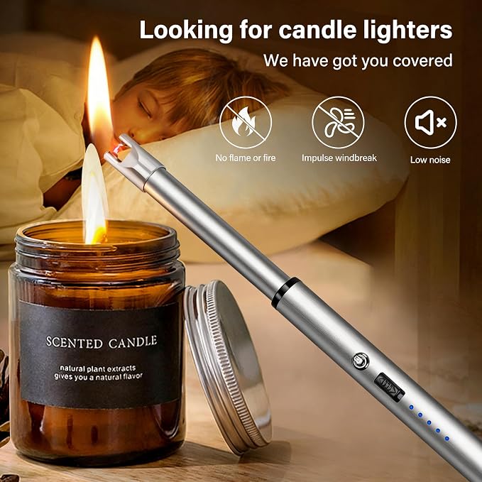 Electric Candle Lighter Windproof USB Rechargeable Flameless Long Neck Lighter for Candles Gas Stove Fireplace BBQ Kitchen Grills (Stainless Steel)