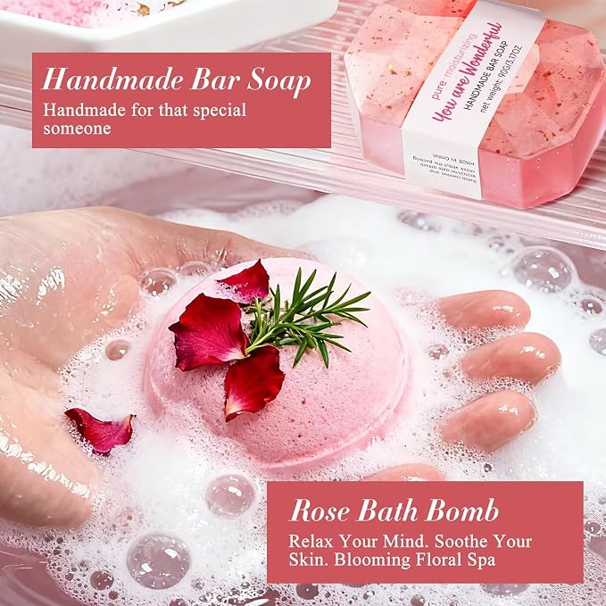 Spa Gifts for Women 7 Pcs Home Spa Kit Rose Gifts for Woman,Spa Gift Baskets Self Care Gifts Spa Gift for Women Birthday,Mothers Day Basket Easter Christmas Bath Set
