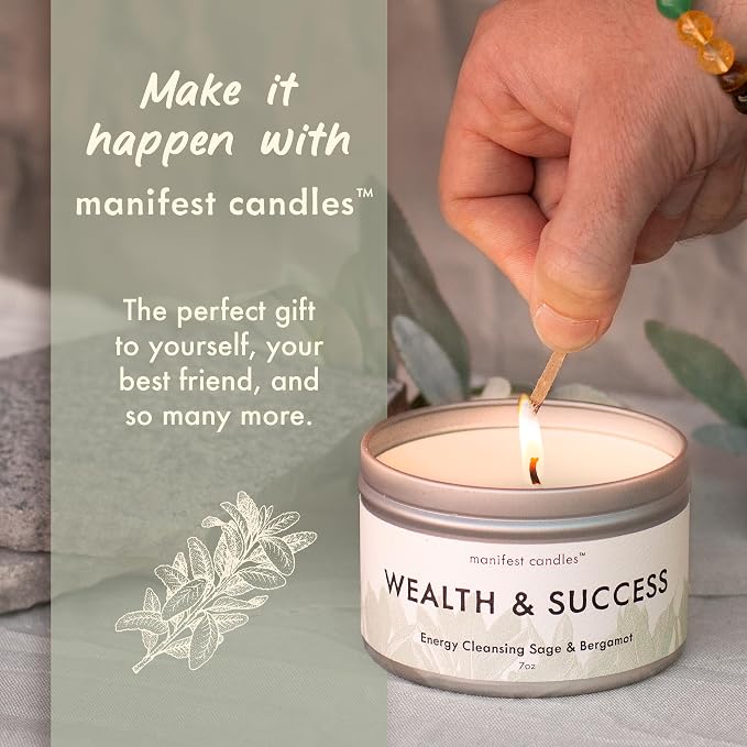 Manifest Sage & Bergamot Money Candle, 45 Hour Burn, Manifestation Bracelet, Protection Candle for Negative Energy, Abundance Candles, Intention Spiritual Candles for Positive Energy