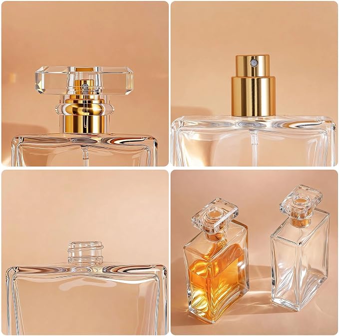 YU FENG Glass Perfume Spray Bottle Set, Refillable Fine Mist Atomizer for Fragrance, Travel & Home Use – Square Glass, Gold Cap, 100ML, 2 Pack