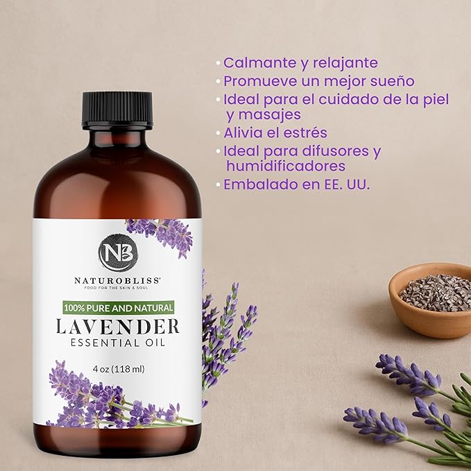 NaturoBliss Lavender Essential Oil with Glass Dropper - 100% Pure and Natural - Essential Oils for Diffuser, Aromatherapy, Soap and Candle Making, Lavender Essential Oil Pure, Lavender Oil, 4 Fl Oz
