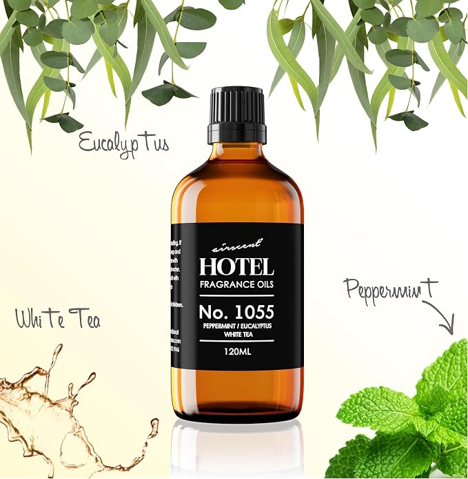 AirScent Hotel Diffuser Oil No. 1055 Inspired by Energize Hotel Scent - Peppermint Eucalyptus White Tea - Fragrance Oil Blend for Ultrasonic and Waterless Diffusers and Crafting - 500 mL
