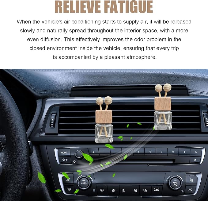 2 PCS Car Diffuser Air Freshener Bottles, Refillable Empty Glass Essential Oil Diffuser Vent Clip & Wooden Caps Sticks, Universal Aromatherapy Diffusers for Most Vehicles (Square)