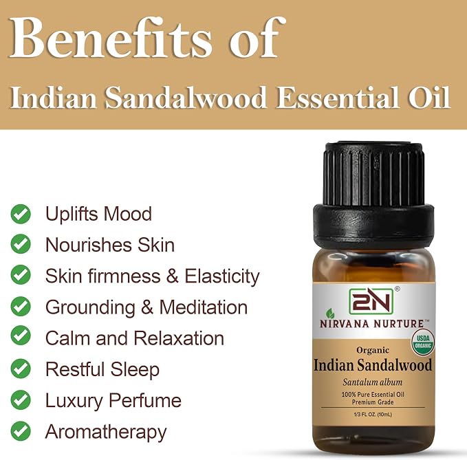 Indian Sandalwood Essential Oil, USDA Certified Organic, 100% Pure Undiluted, Aromatherapy Oil for Diffuser, Hair & Skin Care