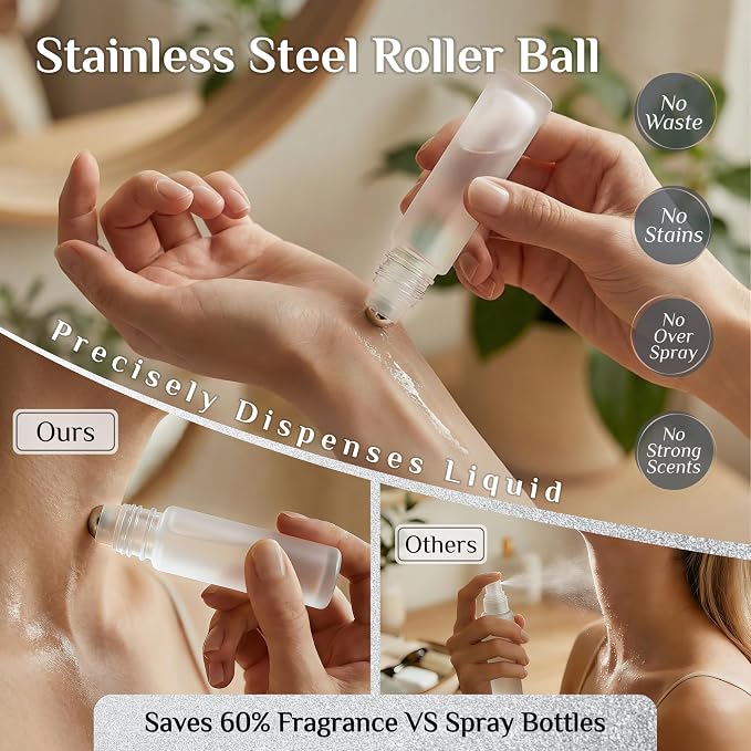 PrettyCare 24 Pack, 10 ml Essential Oil Roller Bottles with Stainless Steel Roller Ball - Refillable Leak-proof Empty Thick Frosted Glass Roll on Bottles with Silver Caps for Travel, Perfume