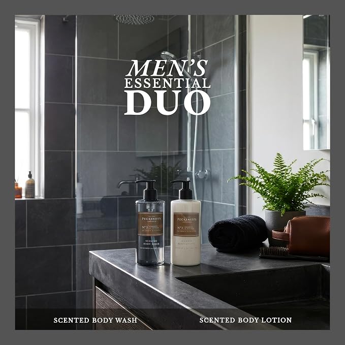 Pecksniffs Mens Bathing Duo Collection – Bamboo & Vetiver Scented Body Wash and Body Lotion Gift Set, 2 x 250ml
