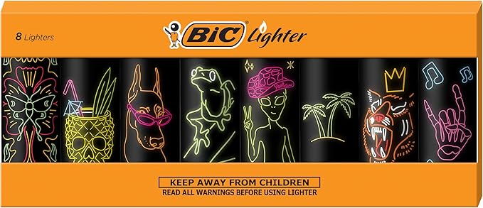 BIC Maxi Pocket Lighter, Special Edition Neon Series, Great for Candles and Firepits, 8 Count Pack of Lighters