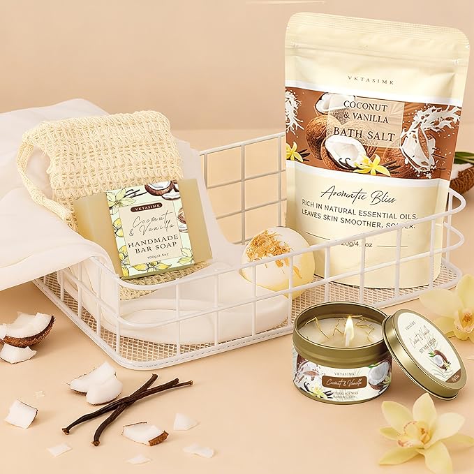 Gifts for Women Happy Birthday Gift Baskets, Bath and Body Gift Set Mothers Day Gifts, Vanilla Coconut Relaxing Home Spa Set Self Care Gift for Mom Sister Her Wife Grandma Girlfriend Friends