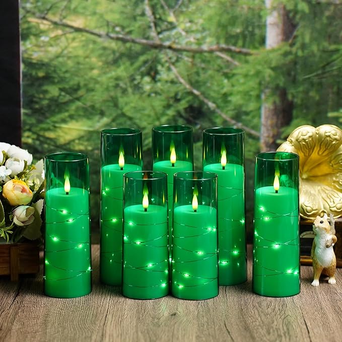 Eebuss Flameless Candles with Embedded Star String, Battery Operated LED Pillar Candles with Timer and Remote Control,Home Decorating for Ambiance， Set of 7 (Green)