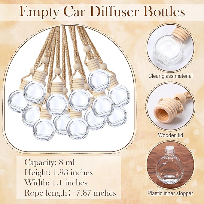 Boao 50 Sets Hanging Car Air Freshener Diffuser Bottles with 2 x 3.54 Inch Car Diffuser Instructions Cards for Empty Essential Oil Bottles(White Card,Round)