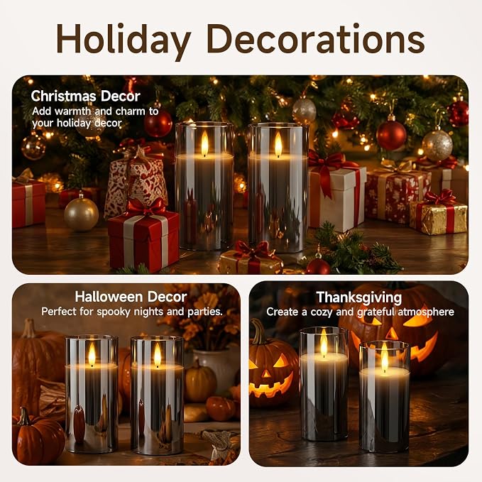 Homemory Grey Glass Flameless Candles Battery Operated LED Pillar Candles with Remote and Timer, Real Wax Flickering Candles with 3D Wick for Home Wedding Holiday Decor, Set of 2, 3"x6"