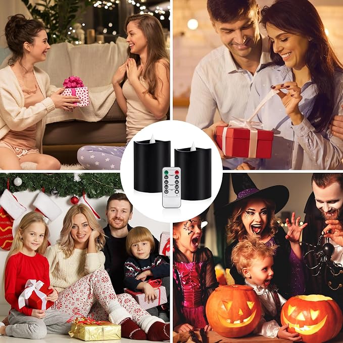Black Flameless LED Candles - 3" x 4" Real Wax, Battery Operated with Remote Timer, 3D Flickering, Lasts 600+ Hours, Halloween & Christmas Deco (Black, 3"*4"-2pcs)