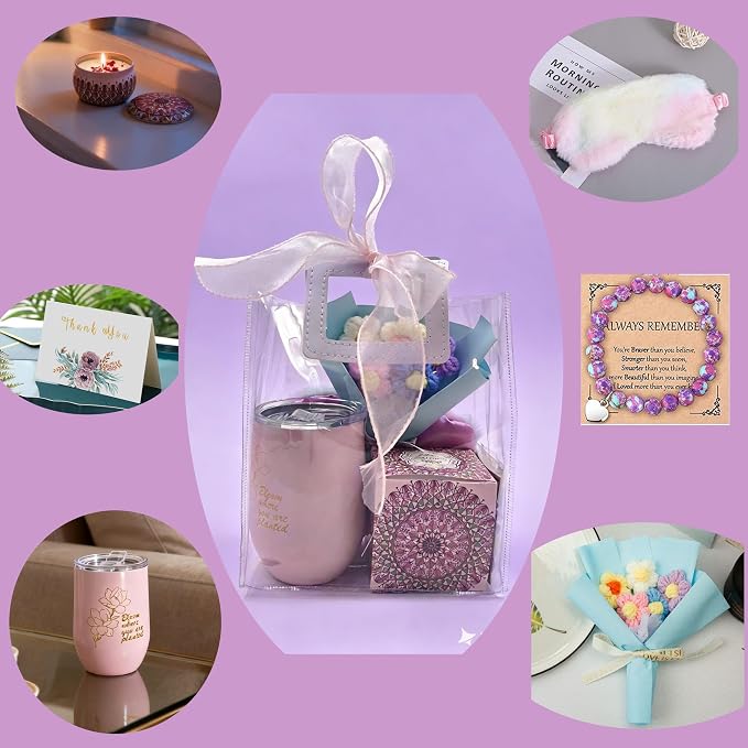Birthday Gifts Set for Women Deluxe Gift Bag for Mother Clear Tote Spa Gift Set with Insulated Tumbler, Candle, Sleep Mask & Flower Bouquet, Care Package for Sister, Friend,Grandma, Wife