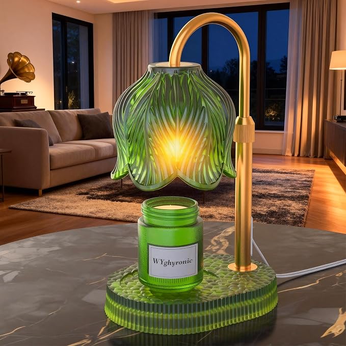 Candle Warmer Lamp with Adjustable Height - Flameless 4-Level Dimmable Wax Warmer, Timer Function & Stylish Design in Multiple Colors (Green)