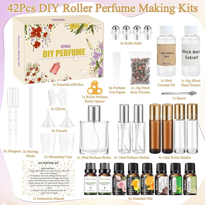 JUYRLE Perfume Making Kit- DIY Roller Perfume Making Kits for Women, Make Your Own Scent with Essential Oil, Bottle, Roller Fragrance Set, Fragrance Gifts for Women Girls