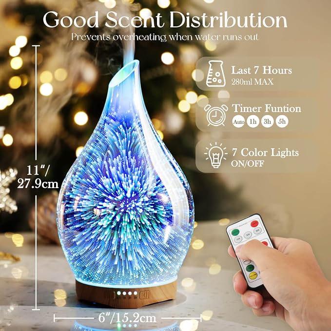 Porseme 280ml Essential Oil Diffuser, Aroma Ultrasonic Humidifier with Remote Control, BPA Free, Auto Shut-Off, Timer Setting