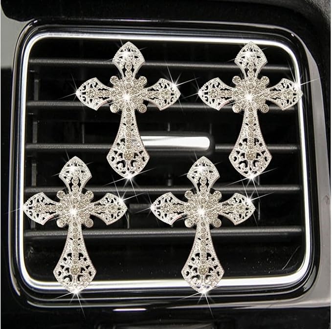 4Pcs Bling Cross Air Vent Clips,Crystal Car Vent Clip,Interior Accessories,Air Fresheners Vent Clips Car Diffuser Vent Clip Rhinestone Diamond Cross Car Decoration Car Interior Decor Car Accessorie
