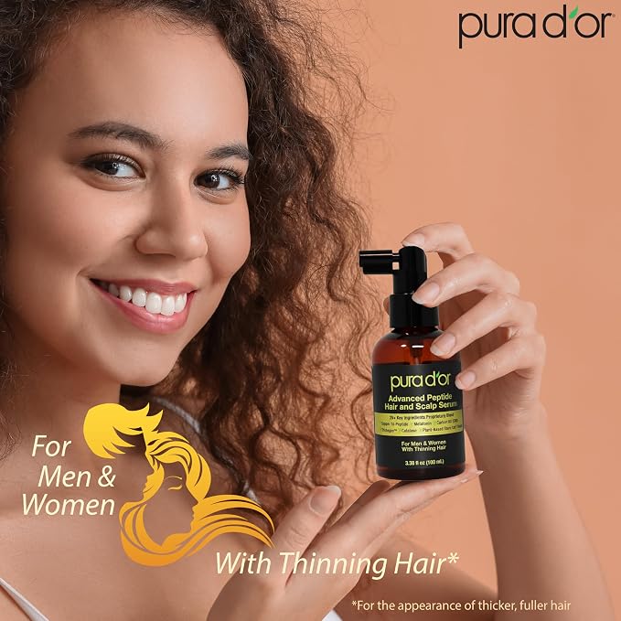 PURA D'OR Advanced Hair & Scalp Serum – For Hair Thinning with Copper Tri-Peptide, Caffeine, Botanical Extract Blend, Fuller Appearance Strands – Vegan, Men & Women 3.3 Oz Hair Regrowth Tonic