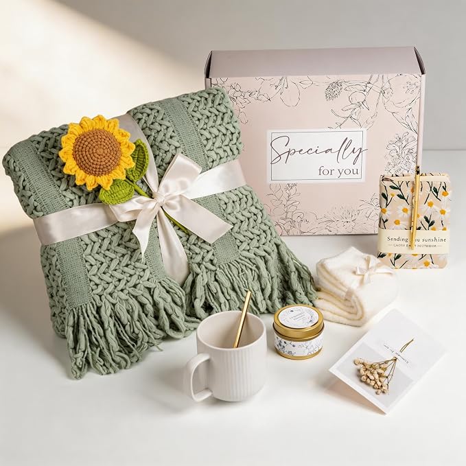 Birthday Gift Baskets for Women, Get Well Gifts for Women, Care Package Self Care, Thank You, Sympathy Friendship Sending Sunshine Sunflower Gift Basket for Mom, Grandma, Sister, Friends, Girls, Her