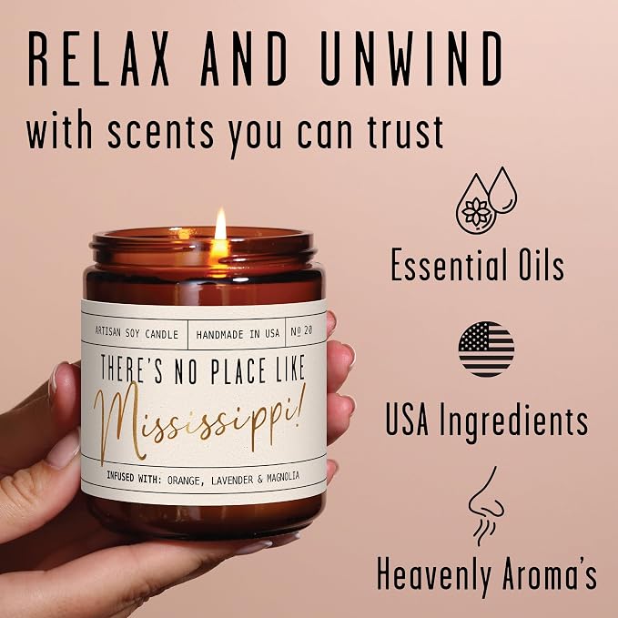 Mississippi Gifts, Mississippi Decor for Home - 'There's No Place Like Mississippi Candle, w/Citrus, Lavender & Magnolia I Mississippi Souvenirs I Mississippi State Gifts I 9oz Jar 50Hr Burn, USA Made