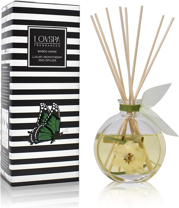 Reed Diffuser Set, Bamboo Jasmine Scented Oil Diffuser with Sticks, Home Fragrance Accessories for Bathroom Shelf Decor, Aroma Diffusers for Home or Office Desk, USA Made
