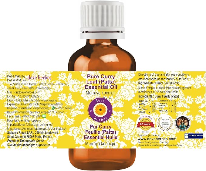 dève herbes Curry Leaf (Patta) Essential Oil (Murraya koenigii) Pure | Non-Sticky | Non-Greasy | Lightweight | Men & Women | All Skin Types | Steam Distilled 10ml (0.33 oz)