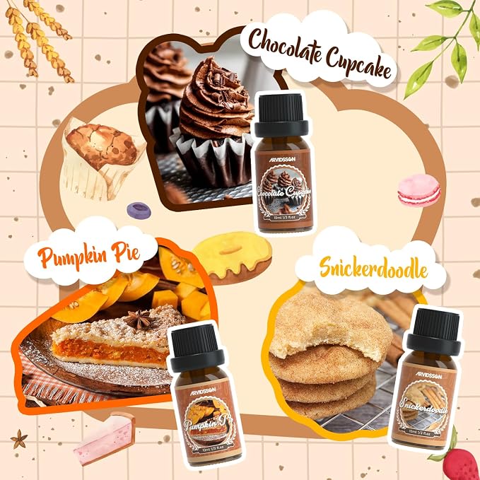 ARVIDSSON Bakery Essential Oils Set, Natural Fragrance Oil for Diffuser, Candle Making - Pumpkin Pie, Snickerdoodle, Gingerbread, Coffee Cake, Creamy Vanilla, Chocolate Cupcake