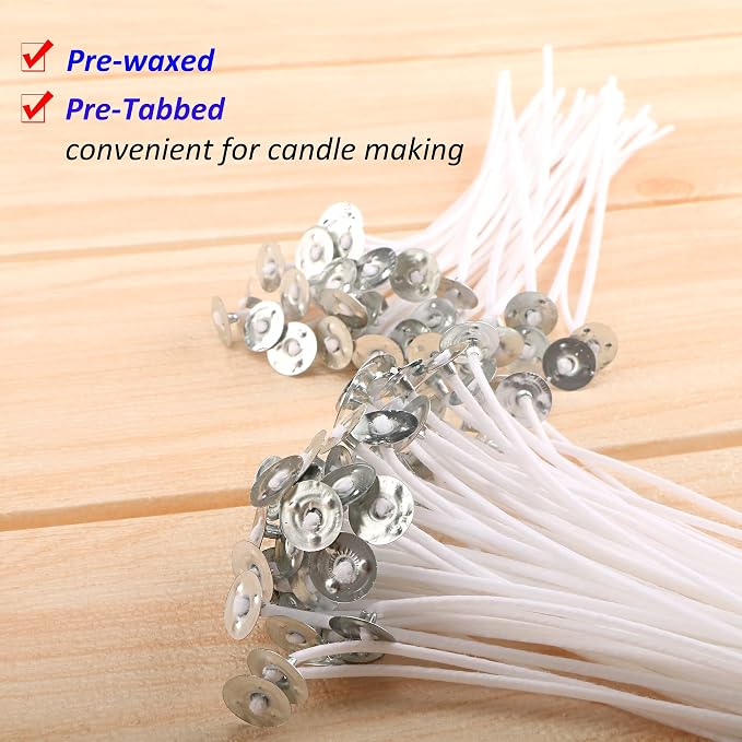 MILIVIXAY 300pcs Cotton Candle Wicks (3.5"/6"/8"), 300pcs Stickers, 6pcs Wooden Wick Holders - Candle Making Kit