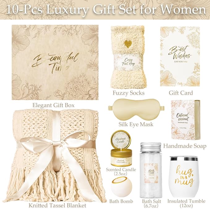 Gift Basket for Women, Self Care Set with Knitted Throw - Care Pkg - Beige | for Women Mom Her Friend Sister Wife Grandma Fringe Blanket, Spa Bath Bombs Candle Soap Sea Salt, Birthday Get Well